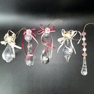 Victorian Style 5 Ornaments Clear Plastic Long Tear Drop Icicle Bead Rose Pink
